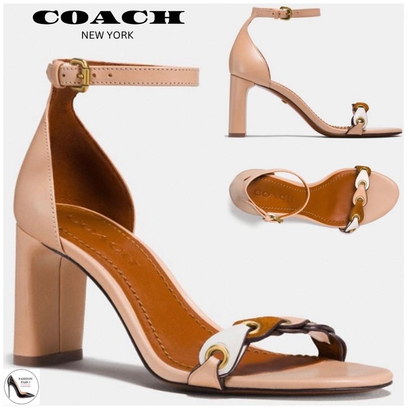 Coach Link Nude Tan Leather Ankle Strap Heel Sandals Block Heel Pump Shoes 8.5 - Picture 1 of 14